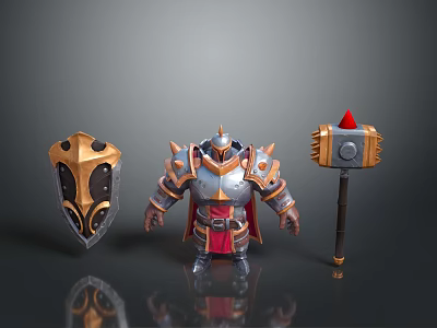 Armored Man Character Standing With Decorative Shield And War Hammer 3d model