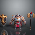 Armored Man Character Standing With Decorative Shield And War Hammer