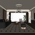 Modern Elegant Living Room Interior Design With Black Leather Sofa Geometric Rug And Chandelier