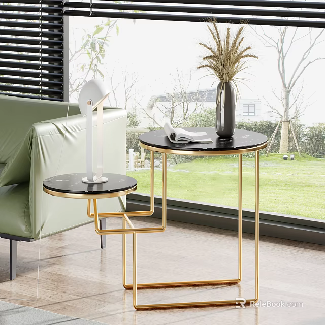 Stylish Modern Side Tables With Gold Metal Frame Black Marble Top Table Lamp And Book 3d model 