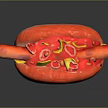 Delicious Hot Dog with Sausage Mustard Ketchup and Red Bun Topped with Yellow Onion Rings