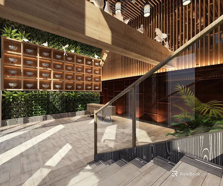 Modern Clubhouse Interior Design With Wooden Decor Green Plant Wall Glass Railing And Staircase 3d model 