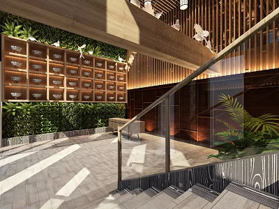 Modern Clubhouse Interior Design With Wooden Decor Green Plant Wall Glass Railing And Staircase 3d model