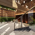 Modern Clubhouse Interior Design With Wooden Decor Green Plant Wall Glass Railing And Staircase