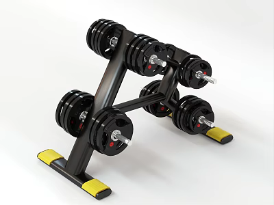 Sturdy Black Dumbbell Rack With Multiple Dumbbells Weight Plates And Yellow Base 3d model