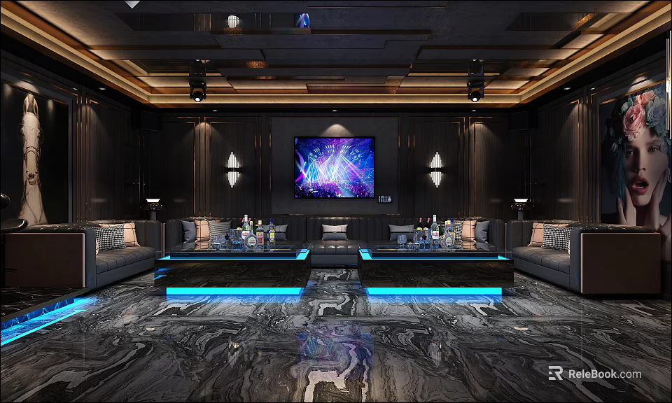 Modern KTV Interior Design With Large LED Screen Colorful Lights And Comfortable Seats 3d model 