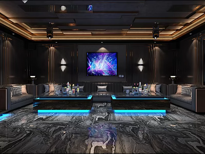 Modern KTV Interior Design With Large LED Screen Colorful Lights And Comfortable Seats 3d model