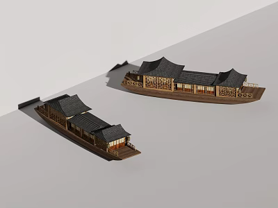 Traditional Wooden Boats With Black Roofs And Carved Cabin Details 3d model