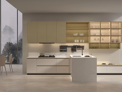 Modern Open Concept Kitchen Interior With Beige Cabinets Marble Island Counter And Appliances 3d model