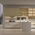 Modern Open Concept Kitchen Interior With Beige Cabinets Marble Island Counter And Appliances