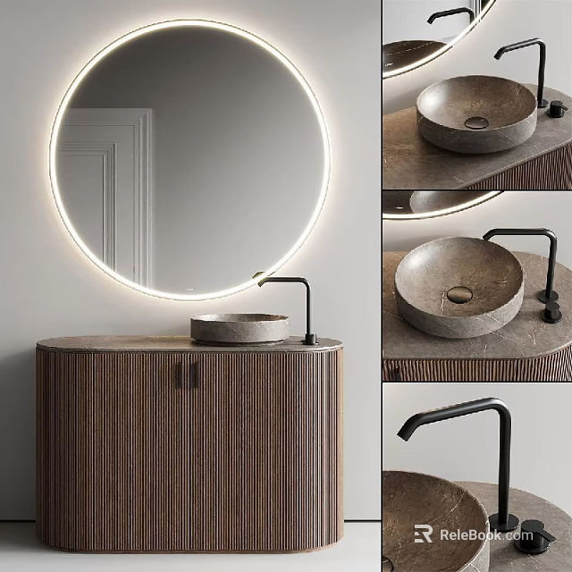 Modern Bathroom Vanity Set With Round Backlit Mirror Stone Basin Wooden Cabinet And Black Faucet 3d model 