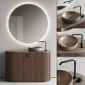 Modern Bathroom Vanity Set With Round Backlit Mirror Stone Basin Wooden Cabinet And Black Faucet