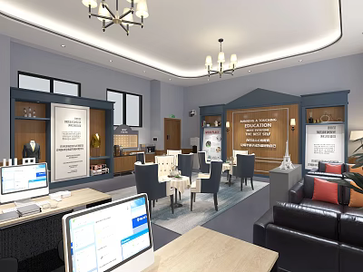 Modern Conference Room Interior Design With Tables Chairs Chandeliers Computers And Sofa 3d model
