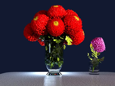 Red Chrysanthemum Flowers in Glass Vase with Pink Flower on Light Tabletop 3d model