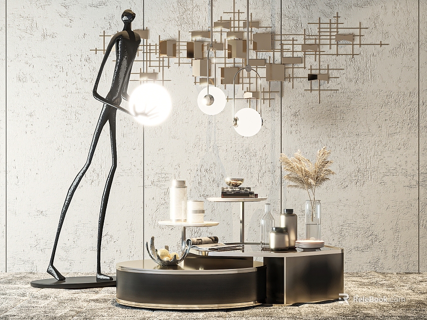 Modern Round Tiered Coffee Table With Sculptural Floor Lamp Geometric Pendant Lights And Decorative Items 3d model 