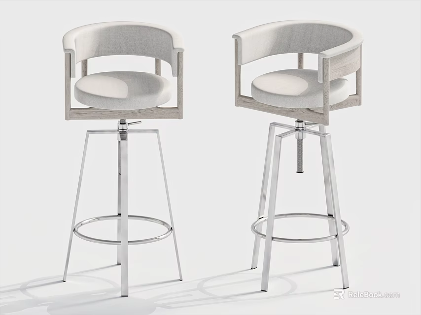 Modern Bar Stools With White Upholstered Seats And Chrome Metal Support Legs 3d model 