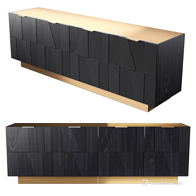 Modern Black Wooden Sideboard Cabinet With Gold Base And Geometric Panel Design 3d model 