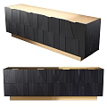 Modern Black Wooden Sideboard Cabinet With Gold Base And Geometric Panel Design
