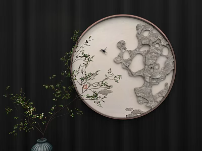 Round Frame Painting With Detailed Rock Formations Dragonfly And Green Plants Against Dark Wall 3d model