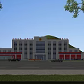 Modern Fire Station Exterior With Red Garage Doors And Large Glass Windows