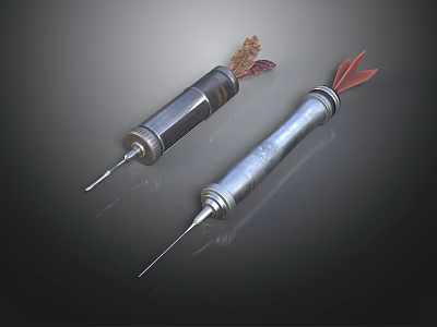 Shiny Metallic Laboratory Syringes With Brown Substance And Red Needle Tips 3d model