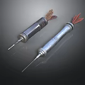 Shiny Metallic Laboratory Syringes With Brown Substance And Red Needle Tips