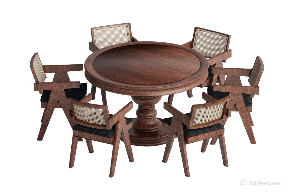 Traditional Round Wooden Dining Table Set With Six Woven Back Chairs 3d model 