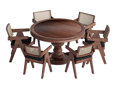 Traditional Round Wooden Dining Table Set With Six Woven Back Chairs 3d model