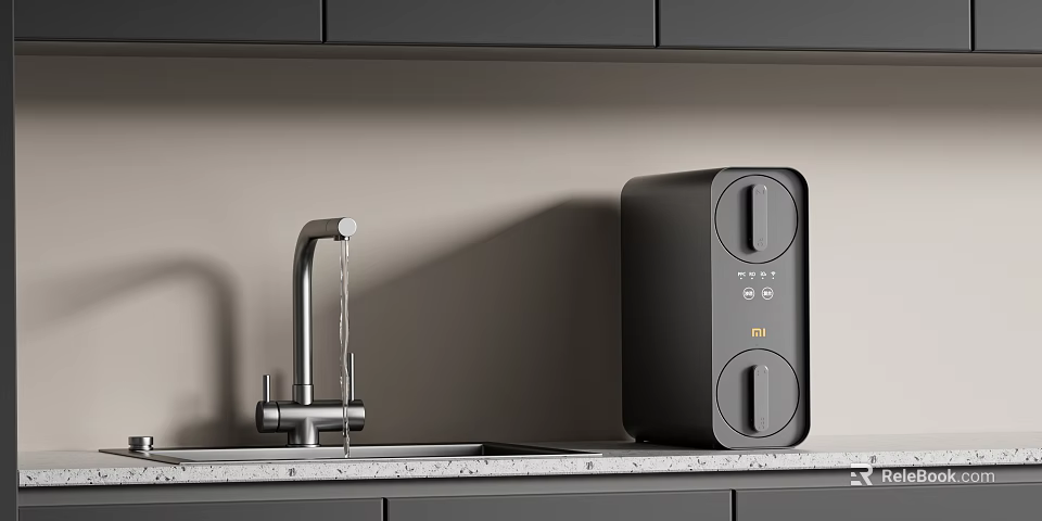 Sleek Black Kitchen Appliance On Countertop With Sink Faucet And Cabinets 3d model 