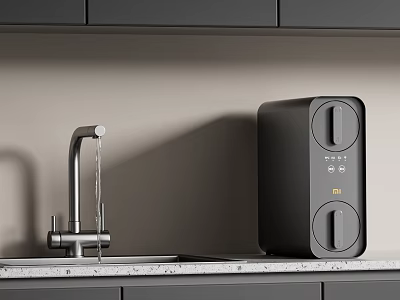 Sleek Black Kitchen Appliance On Countertop With Sink Faucet And Cabinets 3d model
