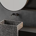 Modern Bathroom Washbasin Design With Round Mirror Gray Wall Black Cabinet And Shelves
