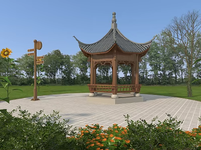Chinese Style Pavilion In Scenic Park With Grass Lawn Trees Sunflowers Signpost And Flower Bushes 3d model