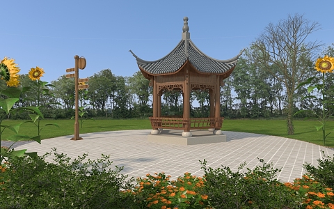 Modern park pavilion rest pavilion Chinese pavilion retro pavilion ethnic style pavilion rest stool park signage 3d model