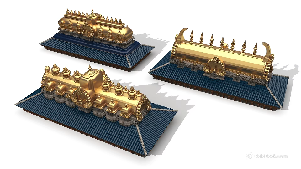 Three Traditional Golden Architectural Components With Ornate Spires Decorative Details And Blue Bases 3d model 