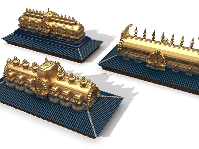 Three Traditional Golden Architectural Components With Ornate Spires Decorative Details And Blue Bases 3d model