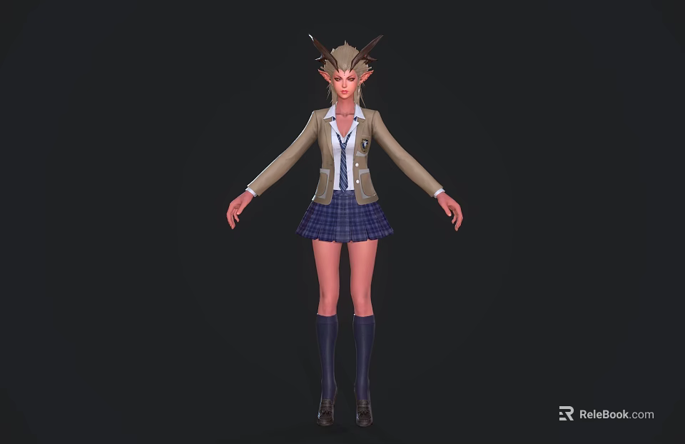Fantasy Schoolgirl Character With Horns In Blazer Plaid Skirt Knee High Socks And Leather Shoes 3d model 