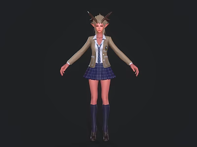 Fantasy Schoolgirl Character With Horns In Blazer Plaid Skirt Knee High Socks And Leather Shoes 3d model