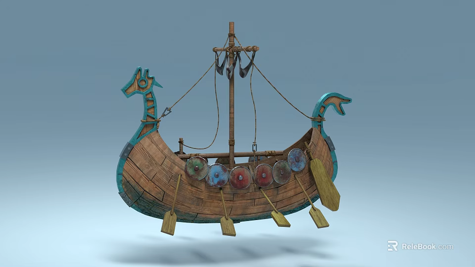 Traditional Wooden Ship With Dragon Head Decoration Colorful Shields Oars And Mast 3d model 