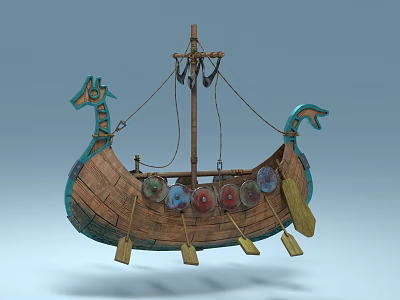 Traditional Wooden Ship With Dragon Head Decoration Colorful Shields Oars And Mast 3d model