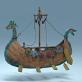 Traditional Wooden Ship With Dragon Head Decoration Colorful Shields Oars And Mast