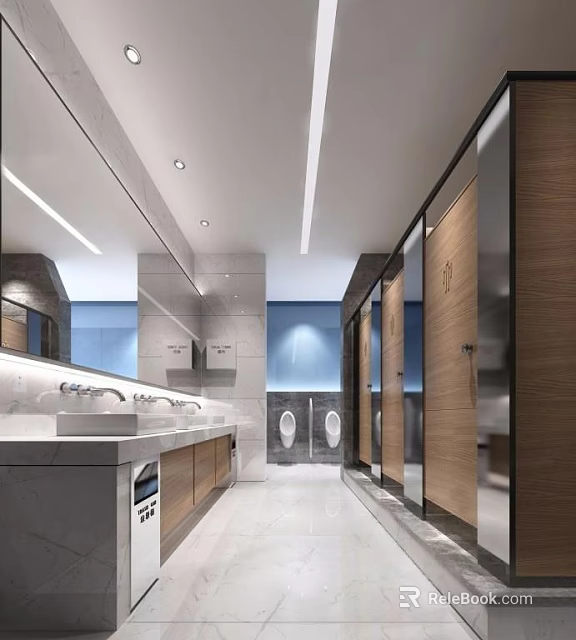 Modern Public Restroom Interior With Washbasins Mirrors Private Cubicles And Bright Lighting 3d model 