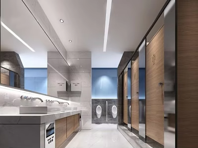Modern Public Restroom Interior With Washbasins Mirrors Private Cubicles And Bright Lighting 3d model