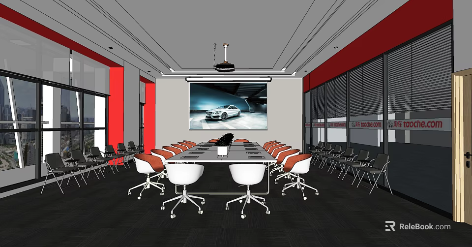Modern Meeting Room Interior Featuring Long Conference Table White Chairs And Projection Screen 3d model 