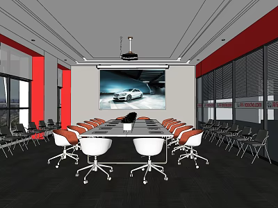Modern Meeting Room Interior Featuring Long Conference Table White Chairs And Projection Screen 3d model