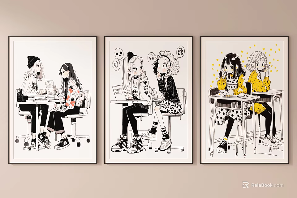 Character Illustrations Featuring Girls At Desks With Interaction In Three Panels 3d model 