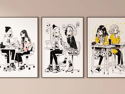 Character Illustrations Featuring Girls At Desks With Interaction In Three Panels 3d model
