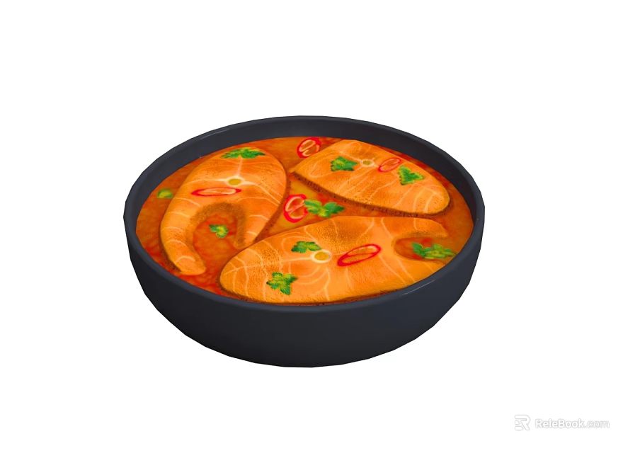 Orange Fish Fillets in Black Bowl with Red Broth Chili Peppers and Cilantro Garnish 3d model 