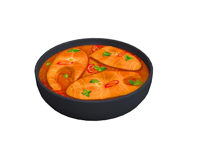 Orange Fish Fillets in Black Bowl with Red Broth Chili Peppers and Cilantro Garnish 3d model