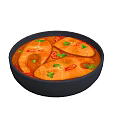 Orange Fish Fillets in Black Bowl with Red Broth Chili Peppers and Cilantro Garnish