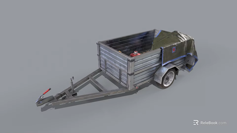 Metal Cargo Trailer With Green Tarp Cover Open Bed And Hitch Wheels 3d model 